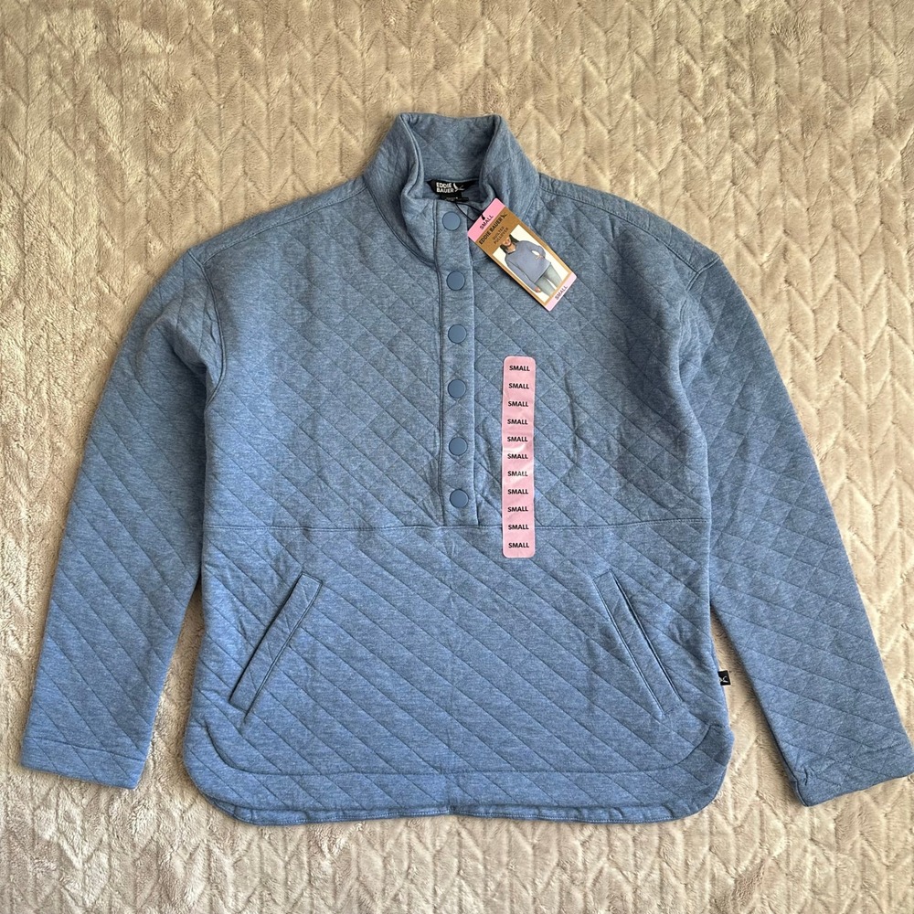 Eddie Bauer Women Blue Quilted Pullover Snap Mock Neck Sweatshirt Small NWT